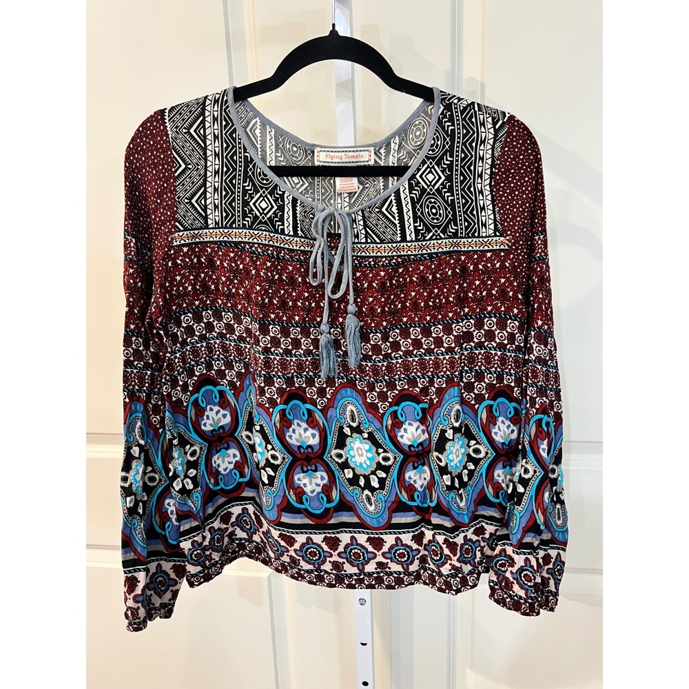 Flying Tomato Boho Mixed Print Tassel Tie Peasant Blouse Burgundy Blue Small